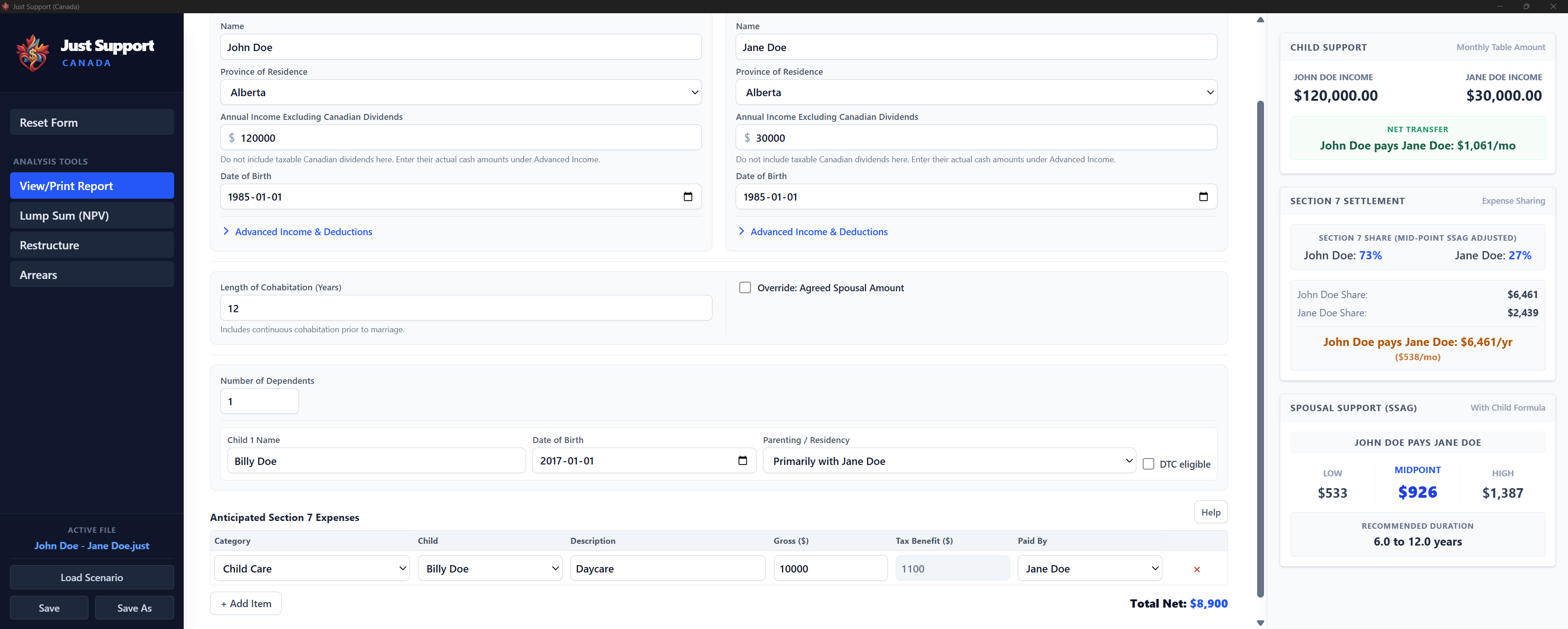 Just Support main calculation screen showing child support, section 7, and SSAG results