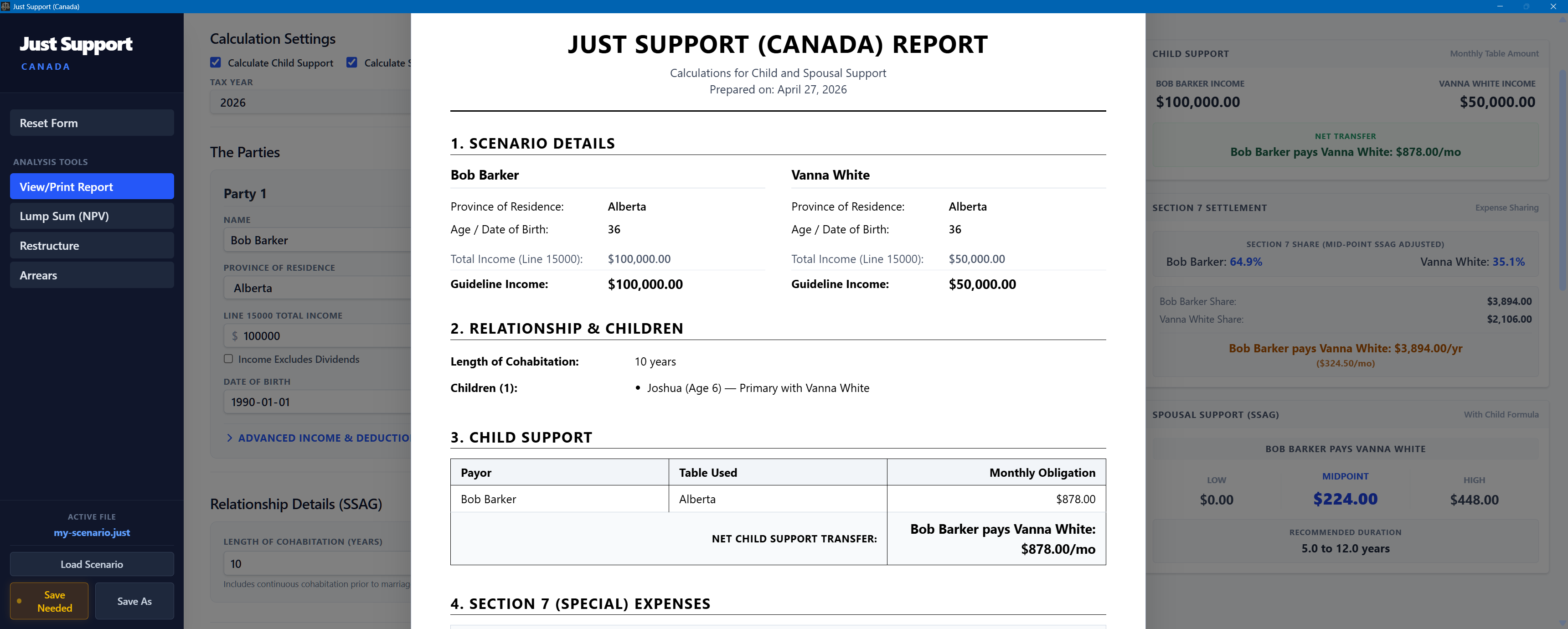 Just Support report preview with scenario details, guideline incomes, relationship details, and support calculations