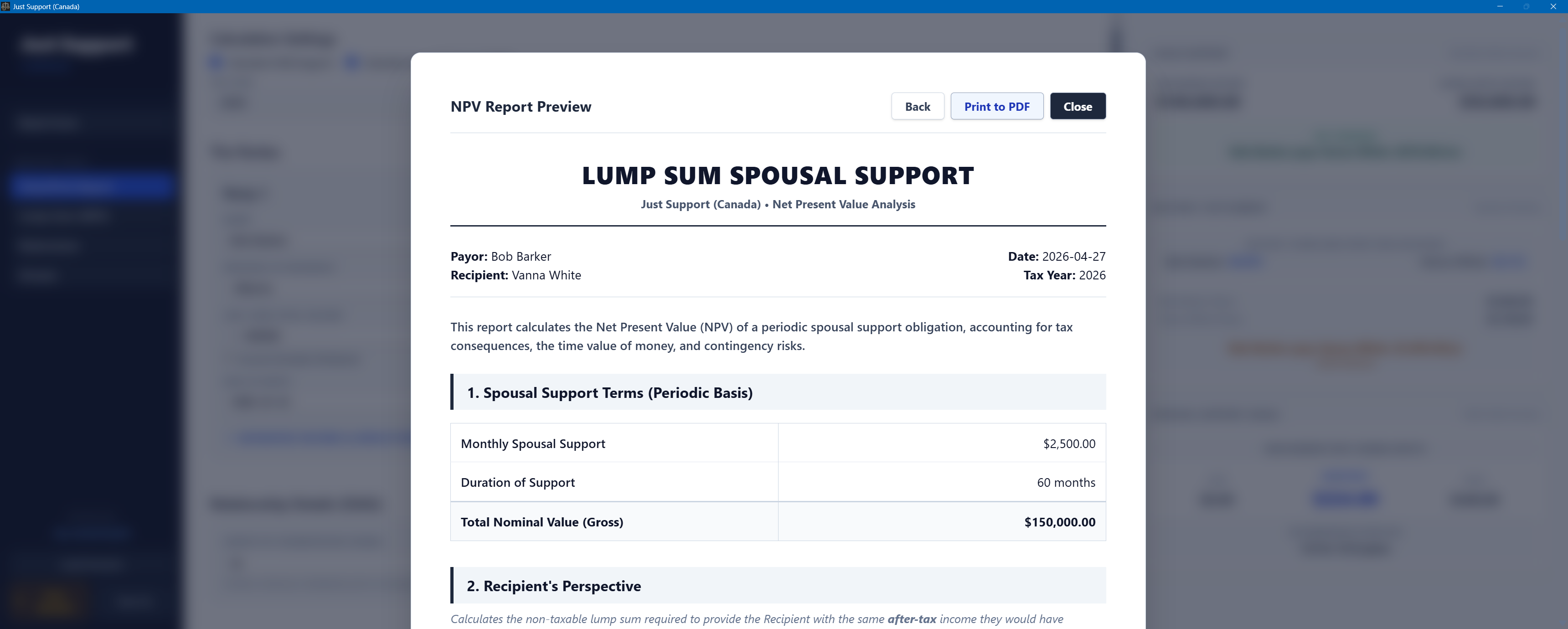 Just Support lump sum spousal support NPV report with periodic terms and recipient perspective