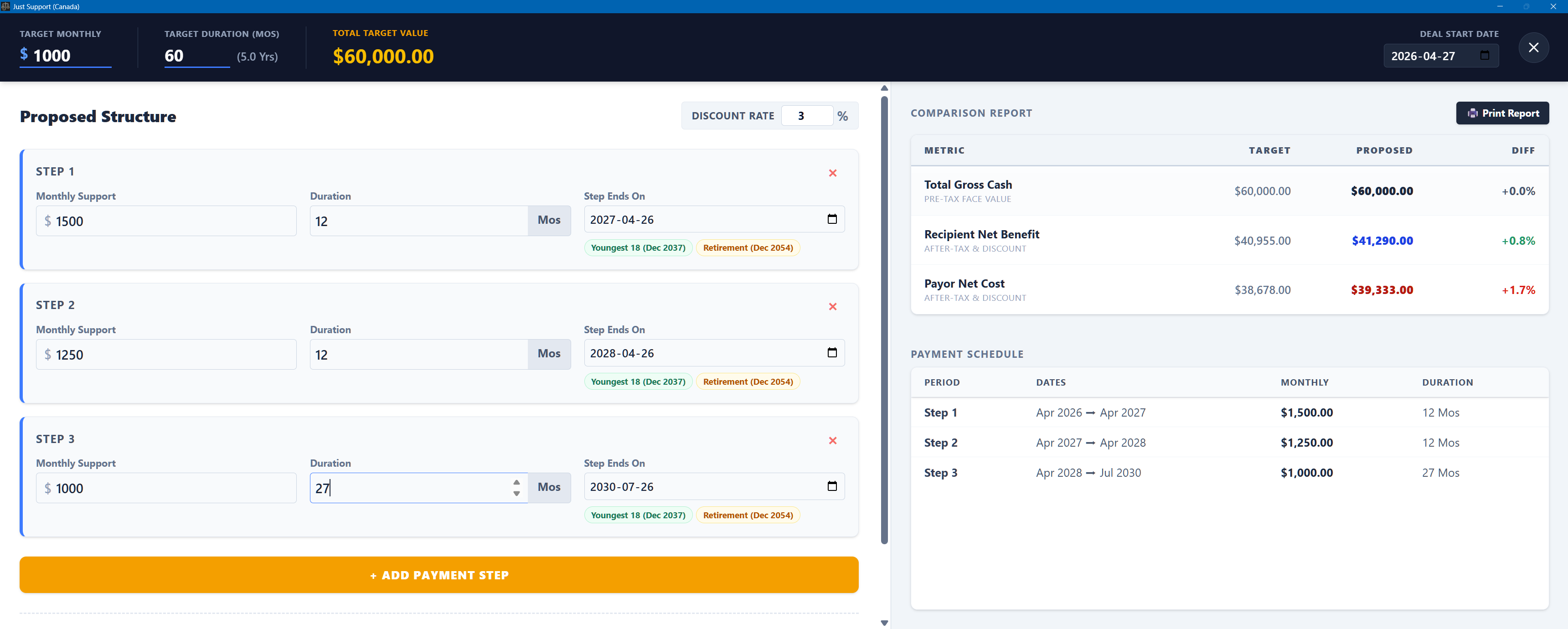Just Support restructuring tool with three payment steps, target values, and comparison report