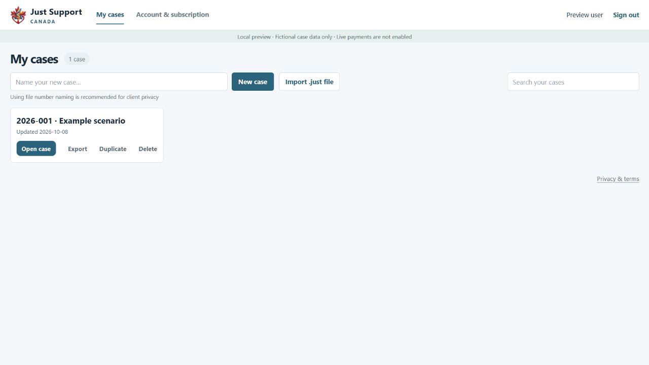 My cases in the online app, showing a fictional case with Open case, Export, Duplicate and Delete actions