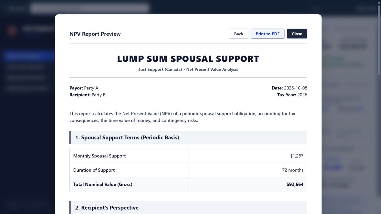 Just Support lump sum spousal support NPV report with periodic terms and recipient perspective