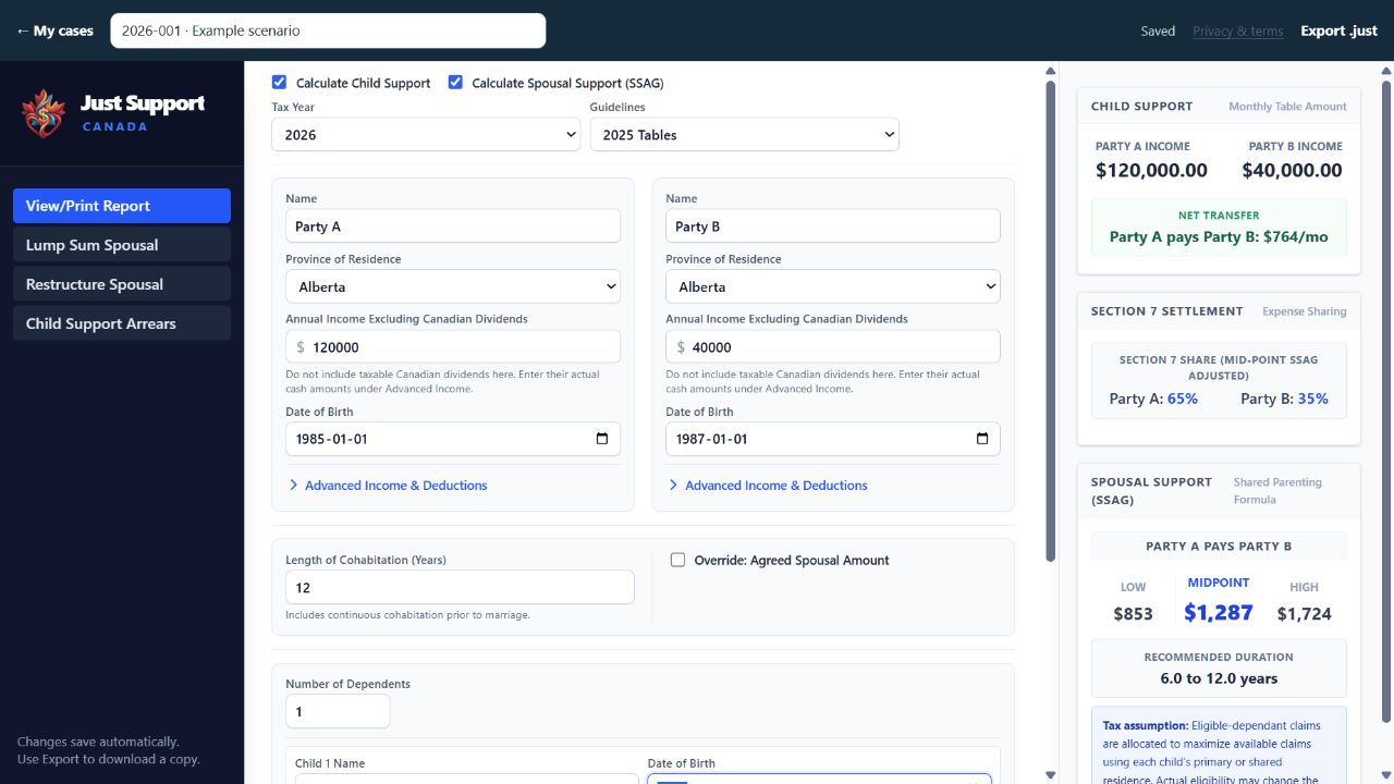 Just Support main calculation screen showing child support, section 7, and SSAG results